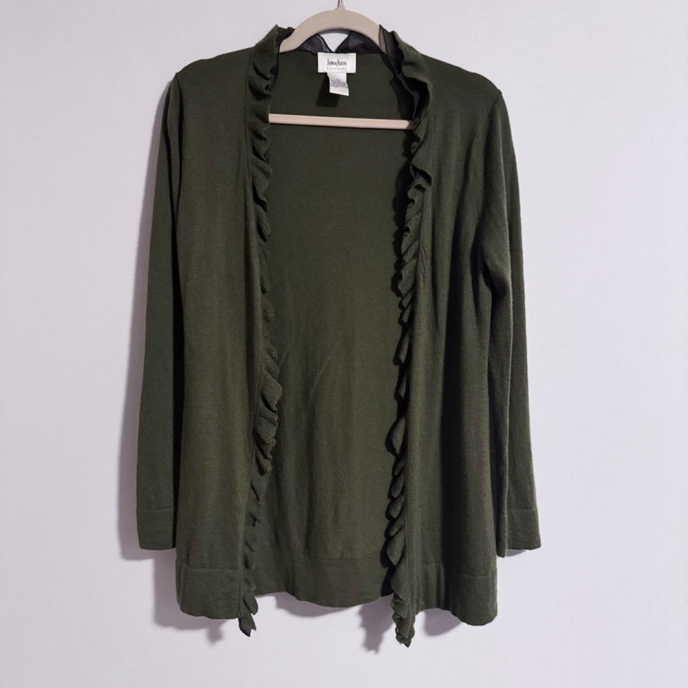 Neiman Marcus - Dark Green Ruffle Cashmere Cardigan